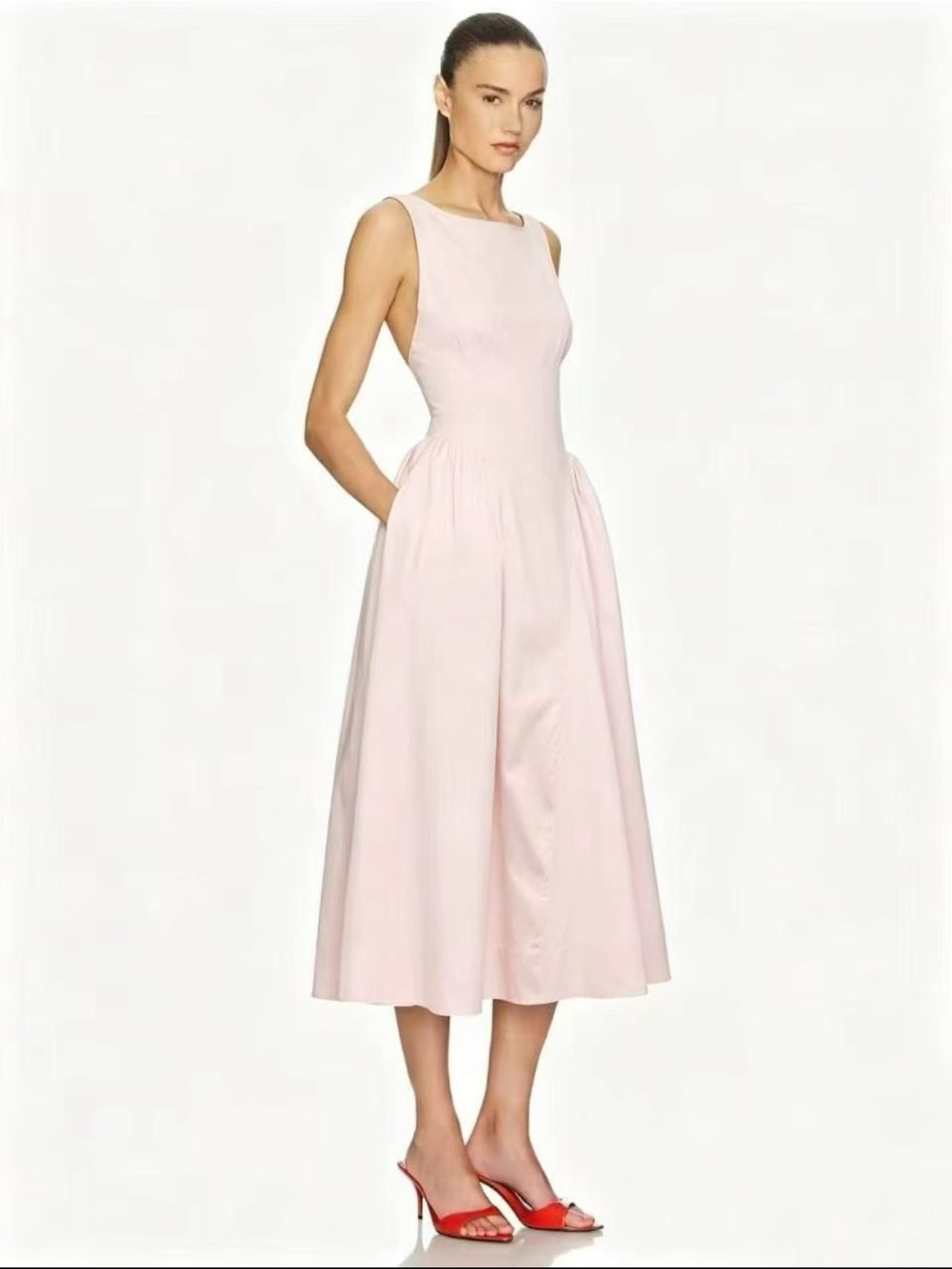 NEW Helsa Stretch Cotton Sateen Midi Dress in Dusty Pink